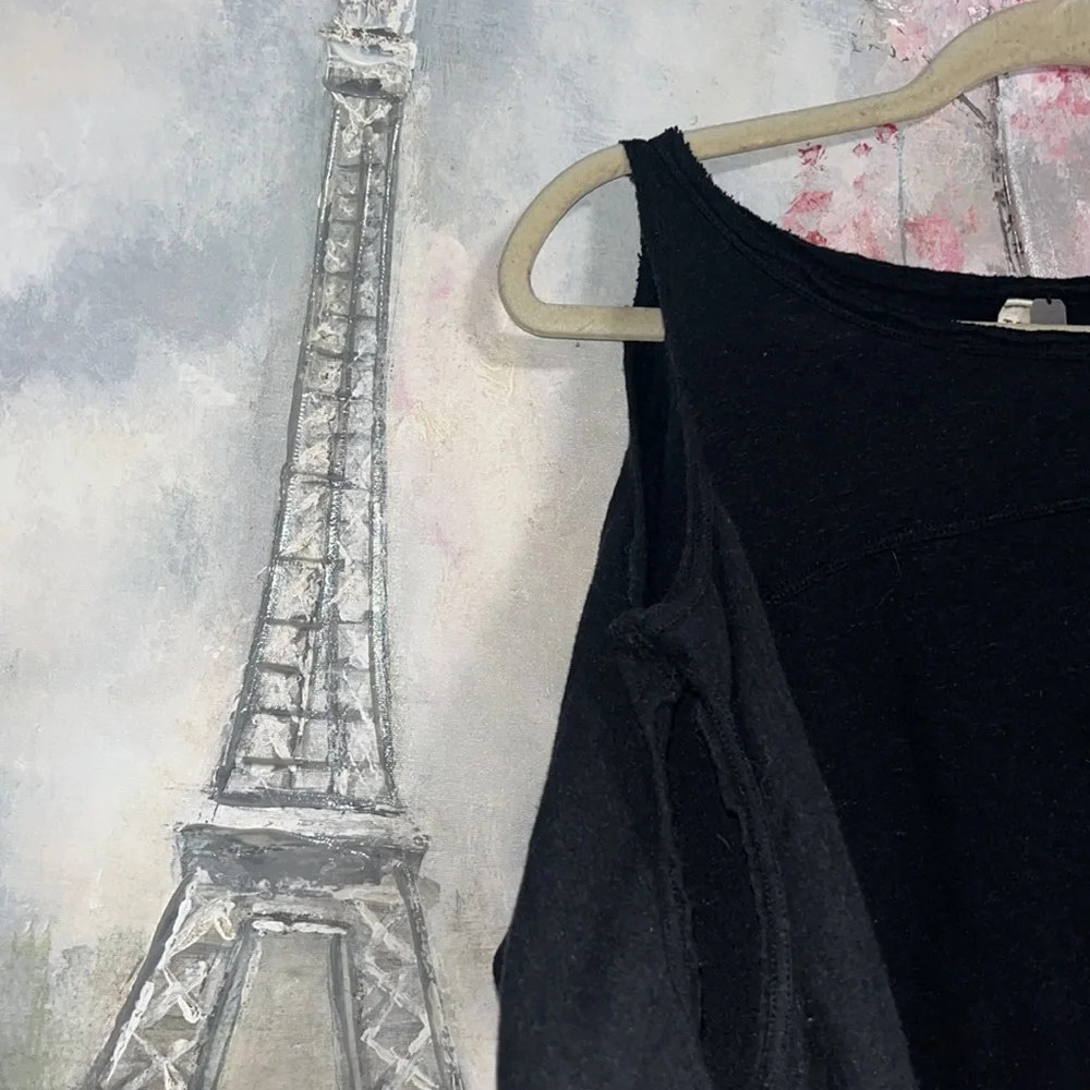 Free People Cold Shoulder Double Slits 3/4 Sleeve Black Flowy Cotton Shirt XS